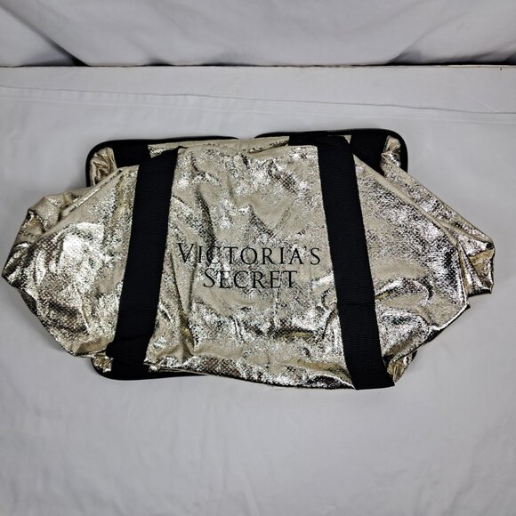 NWT's Victoria's Secret Gold Metallic Compact Weekender Tote Duffle Shopper Bag - Picture 5 of 10